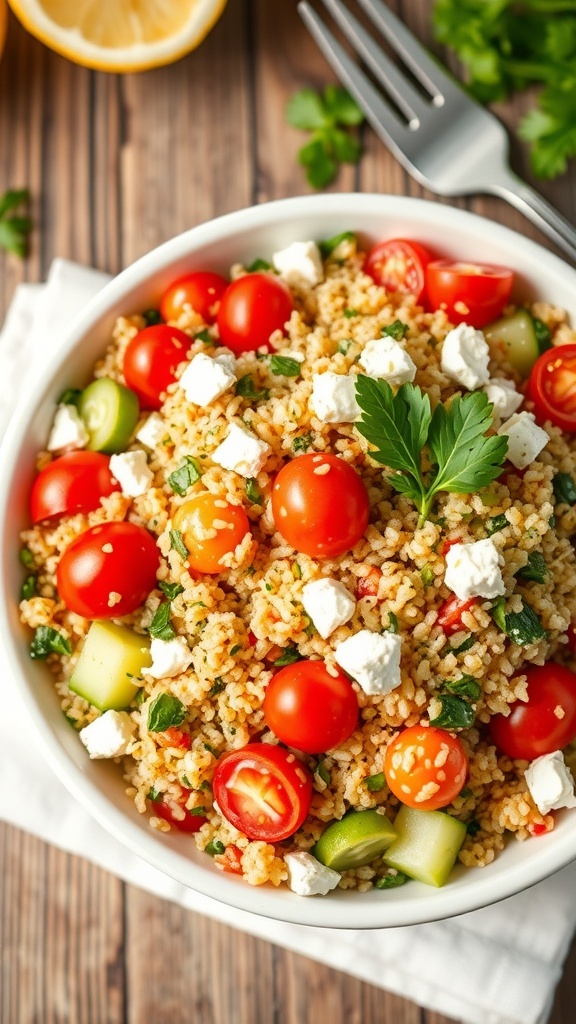 A vibrant bowl of Mediterranean quinoa salad with tomatoes, cucumbers, parsley, and feta cheese on a wooden table.